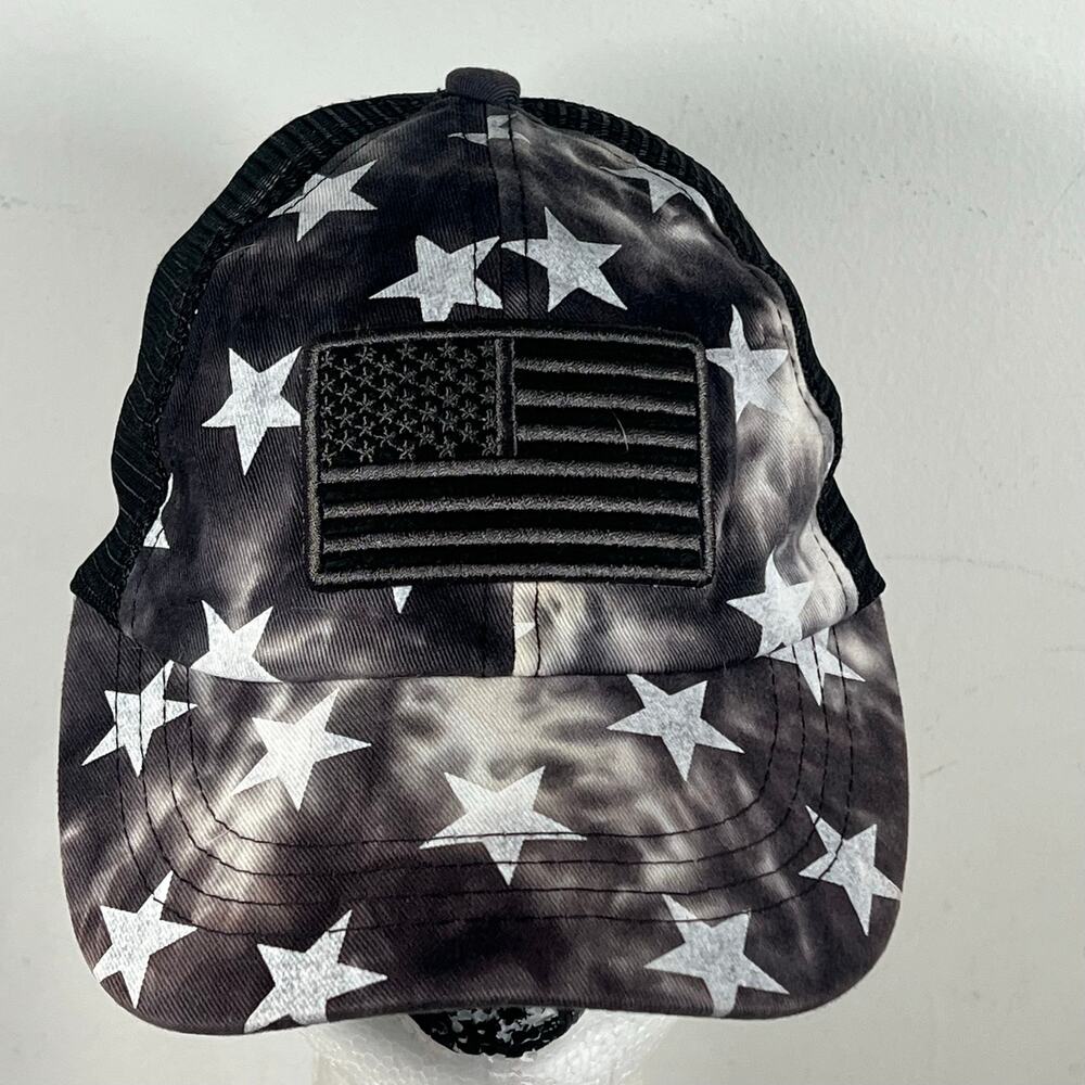 C.C Exclusive Black Tye Dye & White Stars Ponytail Hat Women's Adj Strap